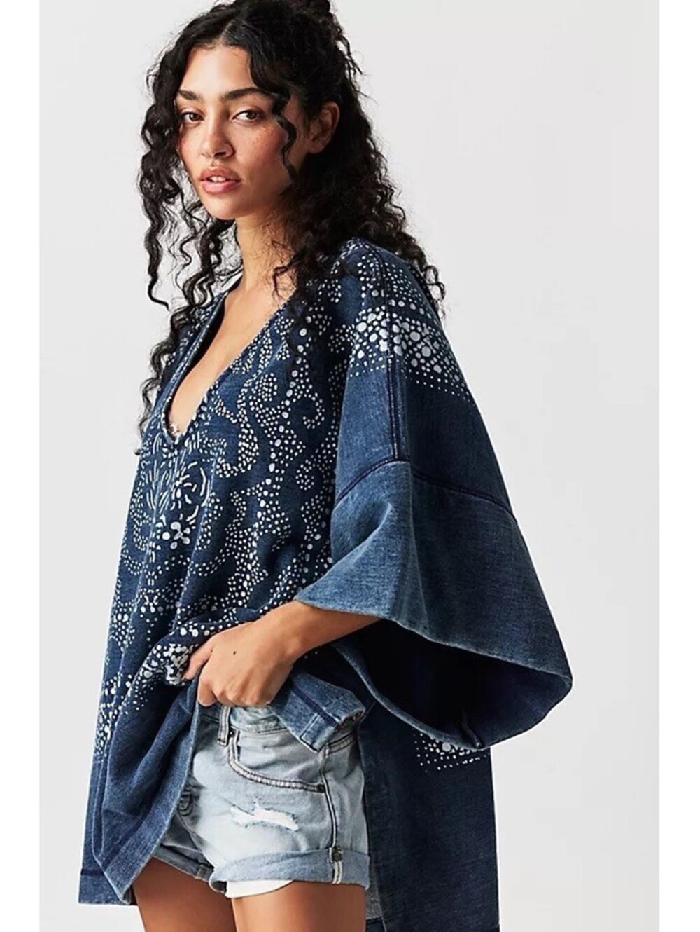 Free People On The Block Poncho Sweater Denim Paisley Bandana Sz S Oversized